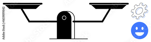 Two-sided balance scale symbolizing fairness gear for process or system happy face for positivity. Ideal for themes of balance, fairness, decision-making, efficiency, optimization, positivity, simple
