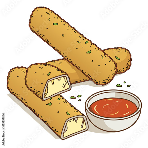 Illustration of mozzarella sticks with tomato sauce