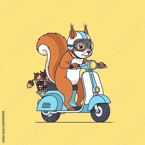 Squirrel riding a scooter with a passenger on a yellow background.
