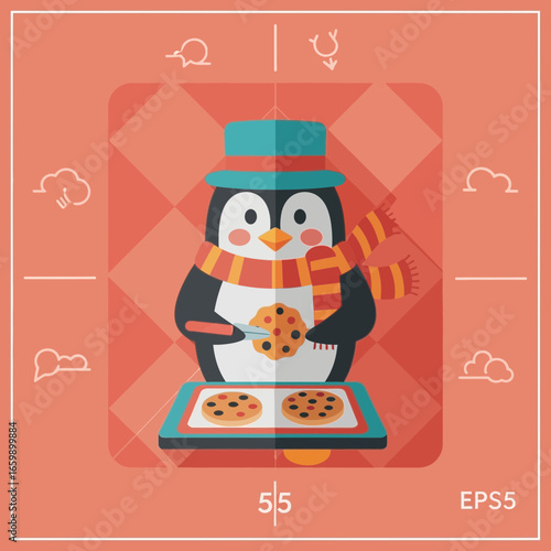 Penguin character with cookies and baking sheet on a patterned background.
