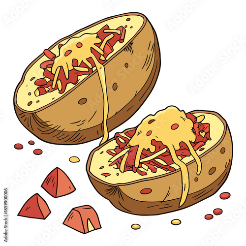 Two baked potatoes with cheese and bacon