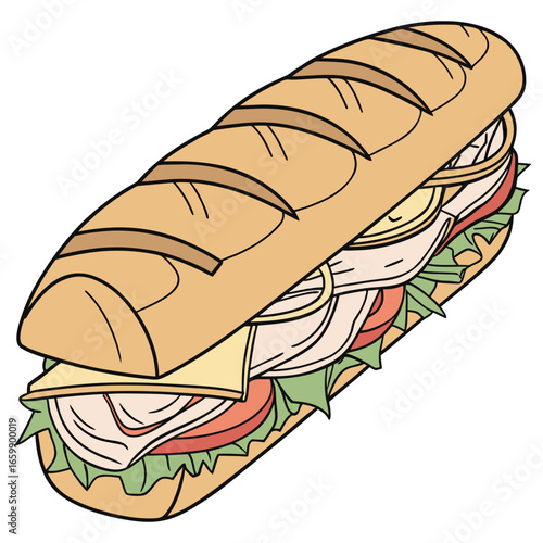 A long sub sandwich with turkey, cheese, and vegetables