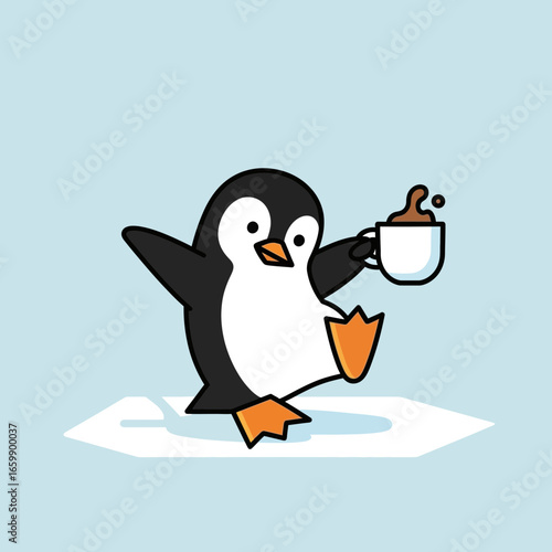 A cartoon penguin holds a cup of coffee on an ice floe.