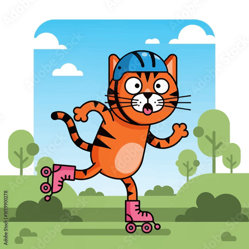 Cartoon cat roller skating in a park.