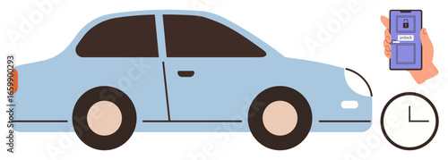 Light blue sedan, hand holding smartphone with app, analog clock beside. Ideal for car rental, ridesharing, time management, travel, app usage, transportation logistics simple flat metaphor