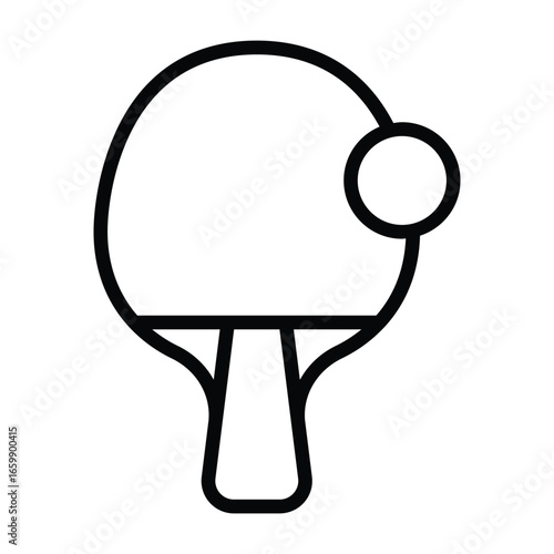 Black line illustration of table tennis paddle with ball, minimal style, ideal for sport, training, competition, and recreational activities.