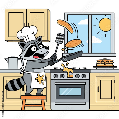 Raccoon chef flipping pancakes in a kitchen.
