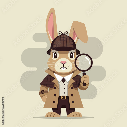 Cartoon rabbit detective holding a magnifying glass and wearing a trench coat.