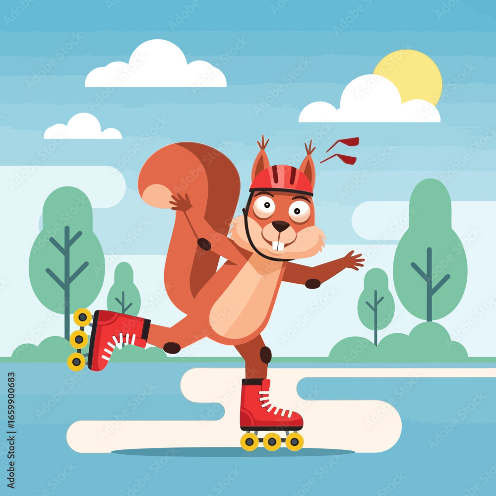 Naklejka premium Cartoon squirrel roller skating outdoors with trees and sun.