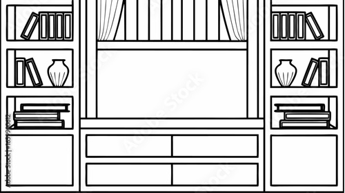 Illustration of a built in wall unit with shelves books vases and drawers in a simple black and white style |  editable eps vectors silhouette