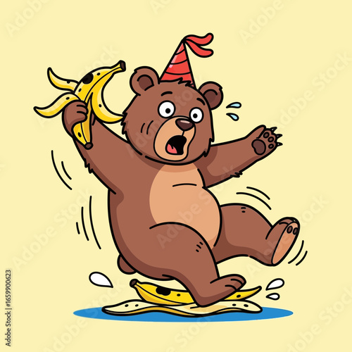 Bear in party hat slips on banana peel with surprised expression.