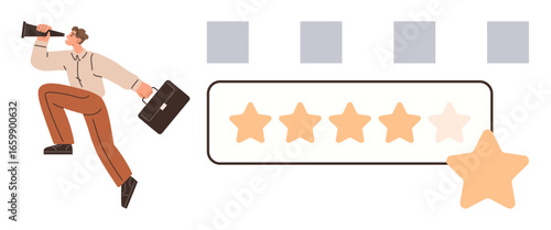 Man with megaphone and briefcase jumping with excitement near 5-star rating bar. Ideal for customer feedback, quality assurance, business success, leadership, growth, evaluation, simple flat metaphor