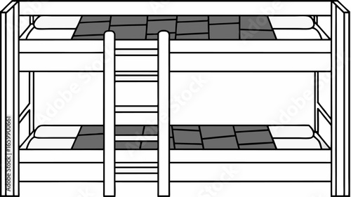 A bunk bed with white frame and ladder and gray patchwork quilts on both the top and bottom bunks shown |  editable eps vectors silhouette