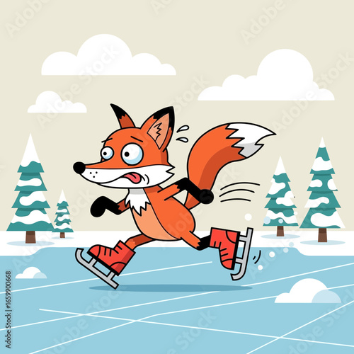 Cartoon fox ice skating with a worried expression in a winter landscape.