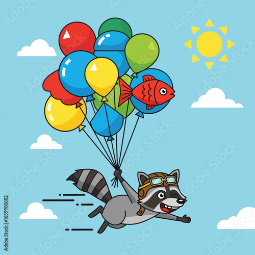 Cartoon raccoon flies with colorful balloons under a sunny sky.
