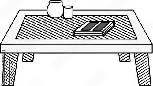 Still life drawing of a table with a book two vases and a striped surface in a black and white illustration |  editable eps vectors silhouette