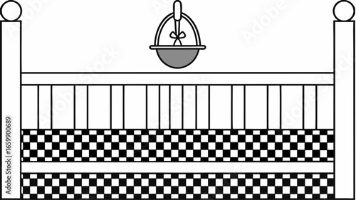 Illustration of a white crib with a checkerboard pattern and a hanging basket above it nicely drawn |  editable eps vectors silhouette