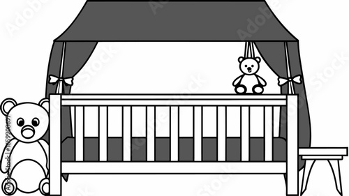 Illustration of a baby crib with canopy and teddy bears in black and white drawing style design art |  editable eps vectors silhouette