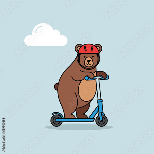 Bear wearing helmet rides blue scooter under a cloud.
