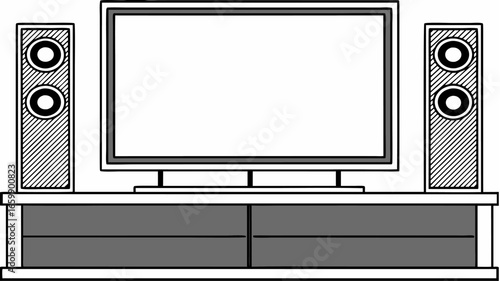 Illustration of a television set with speakers on a cabinet against a white background in monochrome style |  editable eps vectors silhouette