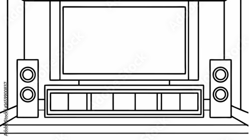 Illustration of a living room setup with a tv speakers and a storage unit in black and white line art |  editable eps vectors silhouette