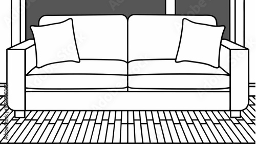Illustration of a white couch with two pillows in front of a window on a patterned floor design |  editable eps vectors silhouette