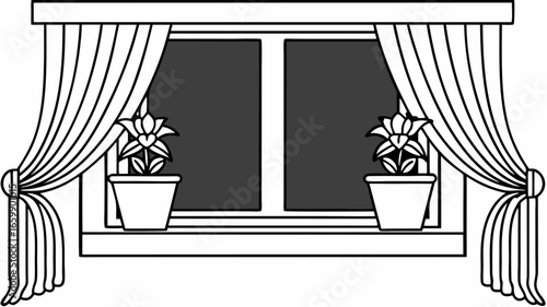 Window with curtains and flower pots on the window sill in a black and white line drawing style image |  editable eps vectors silhouette