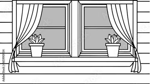 Illustration of two windows with curtains and potted plants on a window sill in black and white style |  editable eps vectors silhouette