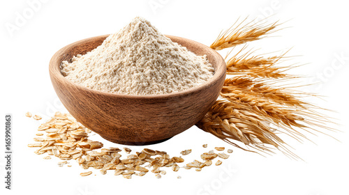 Bowl of whole wheat flour with wheat stalks isolated on transparent background
