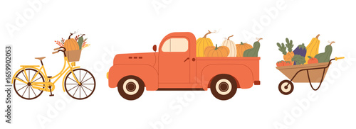 Fall harvest collection with pickup, pumpkins, bike, and wheelbarrow of vegetables. Vector illustration for autumn decor, Thanksgiving design, seasonal clipart