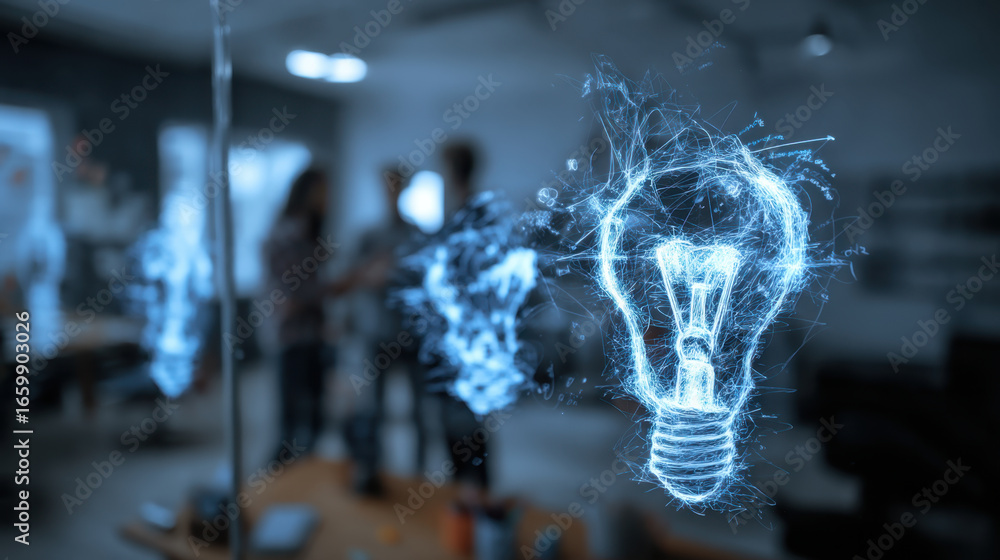 Fototapeta premium Innovative light bulb concept representing creativity and ideas in modern workspace. glowing light bulb symbolizes inspiration and brainstorming among colleagues