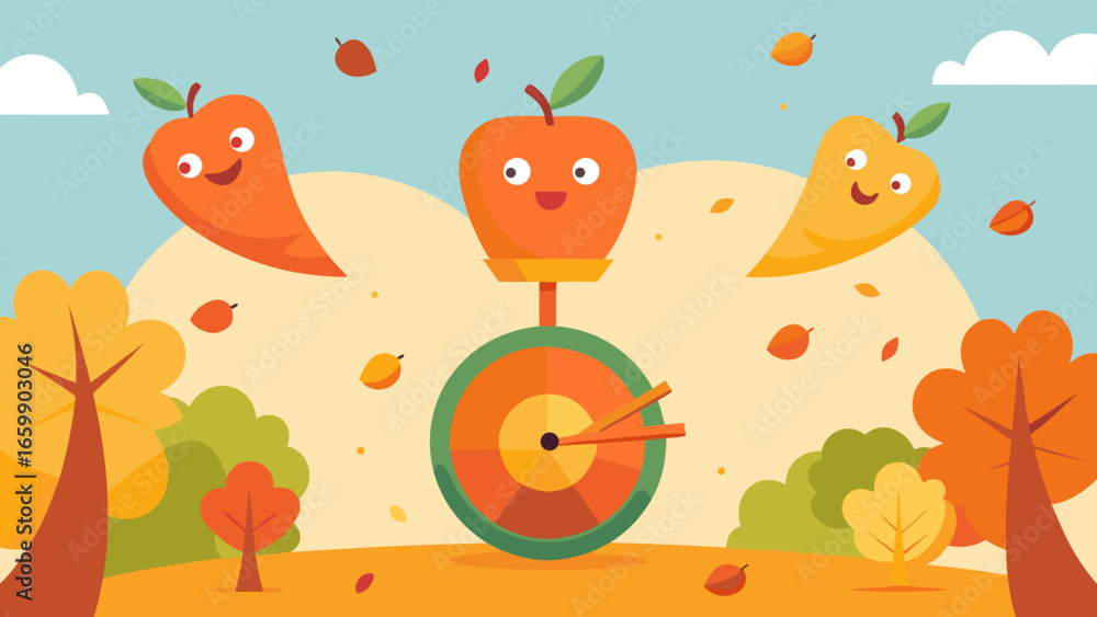Fototapeta premium Funny autumn illustration with smiling fruits and speedometer surrounded by falling leaves and colorful trees