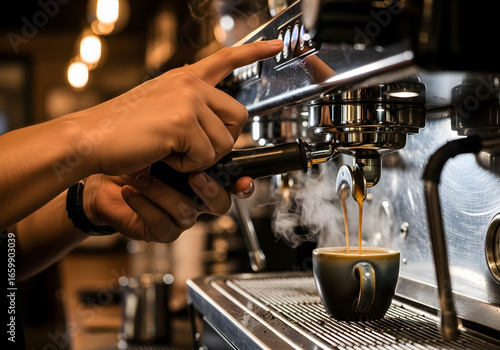 Wallpaper Mural Close-up of a barista's hands operating an espresso machine, brewing hot coffee into a cup with steam rising. Torontodigital.ca