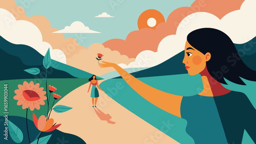 Surreal illustration of a woman holding a flower with a tiny figure walking on a scenic path between mountains