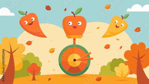 Funny autumn illustration with smiling fruits and speedometer surrounded by falling leaves and colorful trees