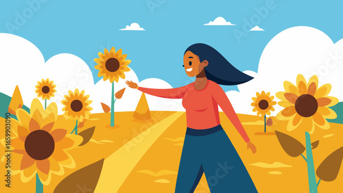 Woman walking through a sunflower field on a sunny day in flat cartoon style