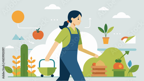 Woman carrying a basket surrounded by garden plants, fruits, and abstract eco elements in flat style