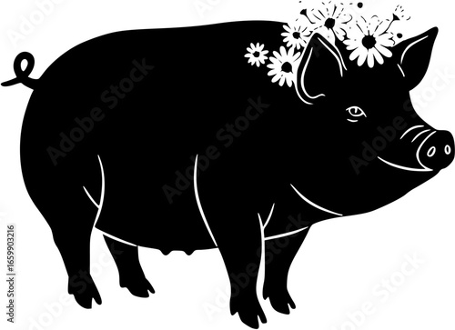 Plump pig silhouette wearing a crown of daisies, rustic-chic vector logo for farm-to-table brands and breweries
