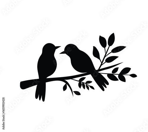 Birds on Branch Vector, Wall Decals, Birds Couple in Love, Birds Silhouette on branch and Hearts Illustrations isolated on white background .Art Decoration, Wall Decor