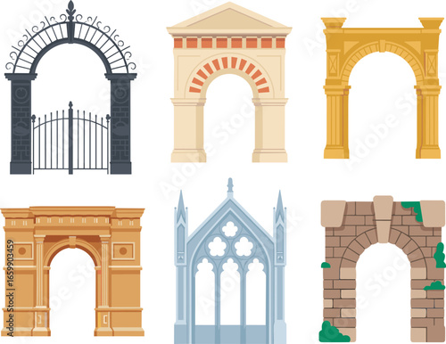 Architectural archways vector, historic gates illustration, ancient arches clipart, classical architecture, medieval arch design, stone arch icons, decorative gateways, vintage arch