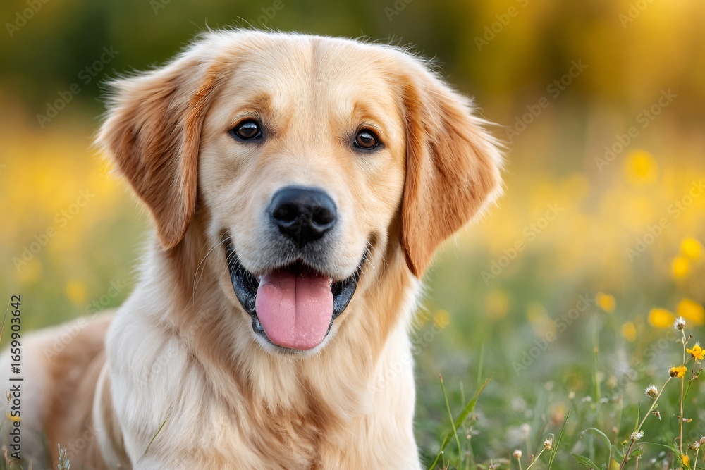 Obraz premium Golden retriever lying in a field of yellow flowers