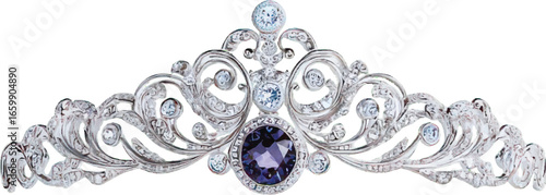 Ornate silver tiara with a large central purple gemstone and sparkling diamonds crown diadem