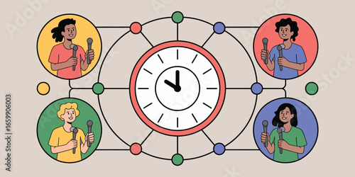 Four people holding microphones connected by lines around a clock illustration design art
