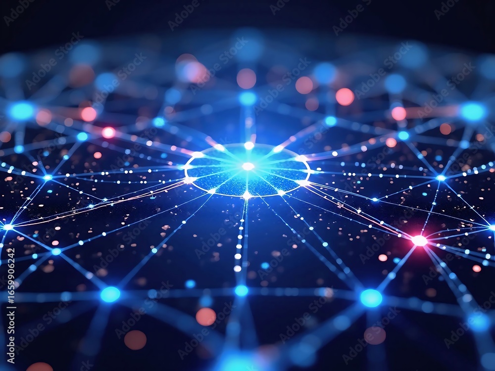 Obraz premium Abstract glowing neural mesh grid digital technology background.