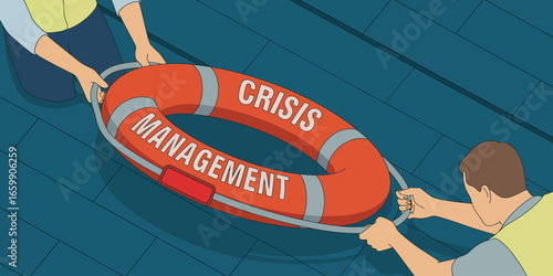 Two people holding a crisis management life preserver on a blue surface in a cartoon style image