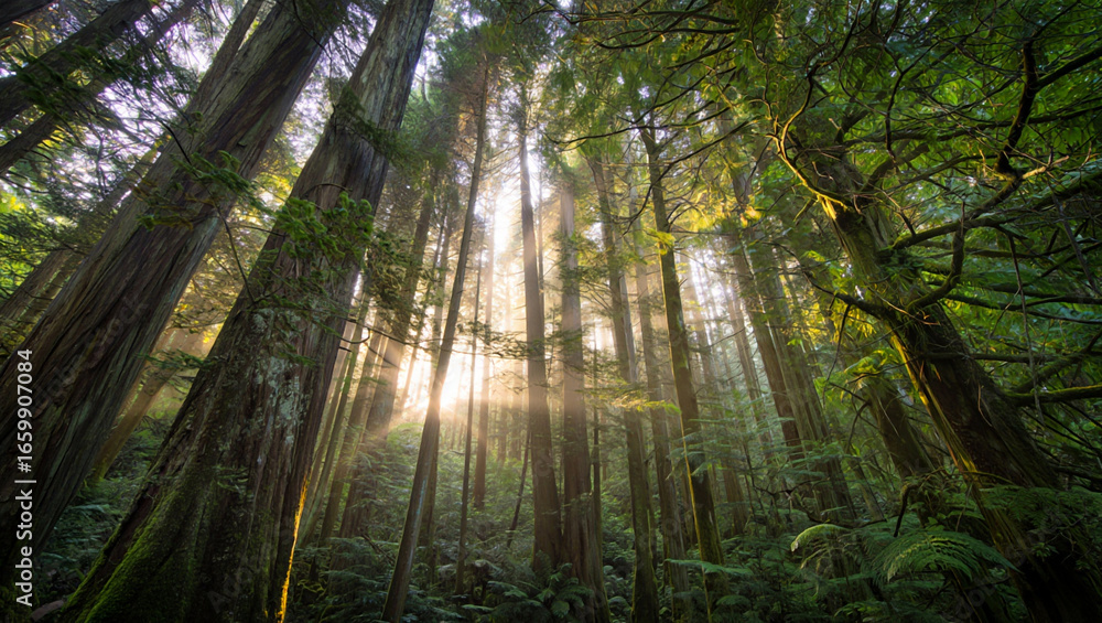 Fototapeta premium Serene Sunlight Filtering Through Ancient Redwood Forest Canopy
