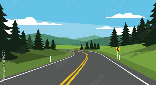 Winding asphalt road through a green landscape with pine trees and mountains and a curve sign highway