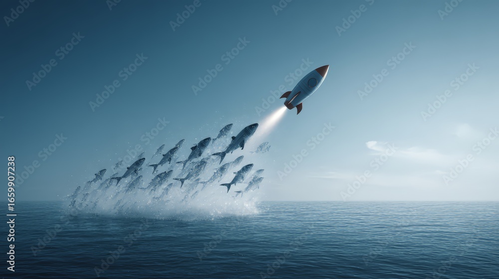 Fototapeta premium A rocket launching from the ocean, showcasing innovation and technological advancement.