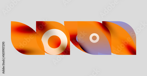Abstract shapes, vibrant orange hues, white circles. Modern design, smooth gradients, minimalist composition. Clean aesthetic, playful forms.