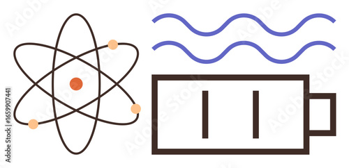 Atomic orbit, battery icon, and energy waves suggest concepts of power, renewable resources, science, and sustainability. Ideal for energy, science, innovation green technology sustainability
